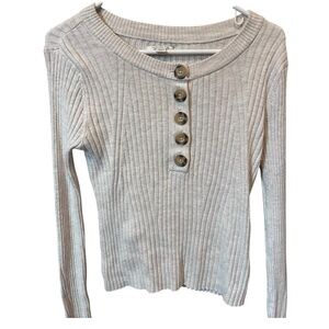 American Eagle Outfitters Ribbed Button-Up Long Sleeve - Light Gray